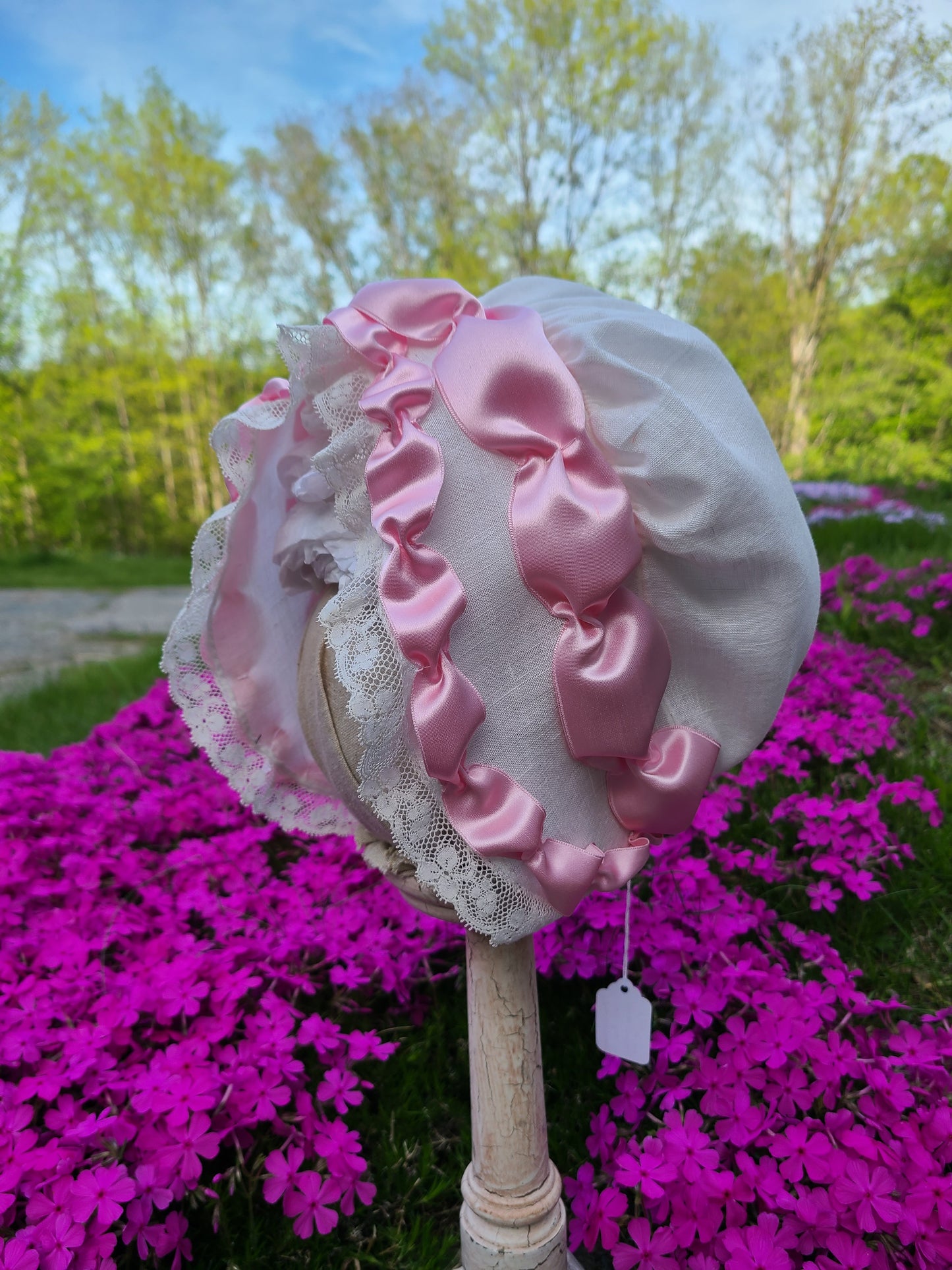 "Phyllis Wheatley" Cap in Linen, Pink Ribbon and Lace Trim