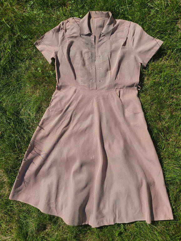 Vintage 1940s Dress - Brown/White Cotton Stipe 35