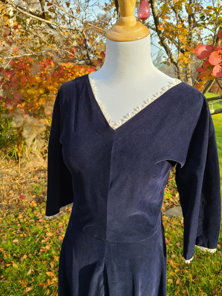 1940s/50s Navy Blue Corduroy Dress At the Sign of the Golden Scissors 1940s/50s Navy Blue Corduroy Dress At the Sign of the Golden Scissors