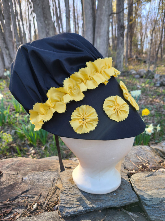 18th Century Bonnet - Black Silk Yellow Trim