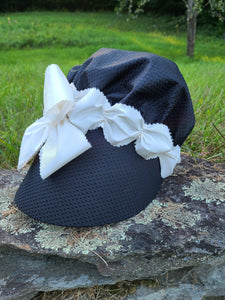 Black Spotted Silk Bonnet, White Lining and Trim