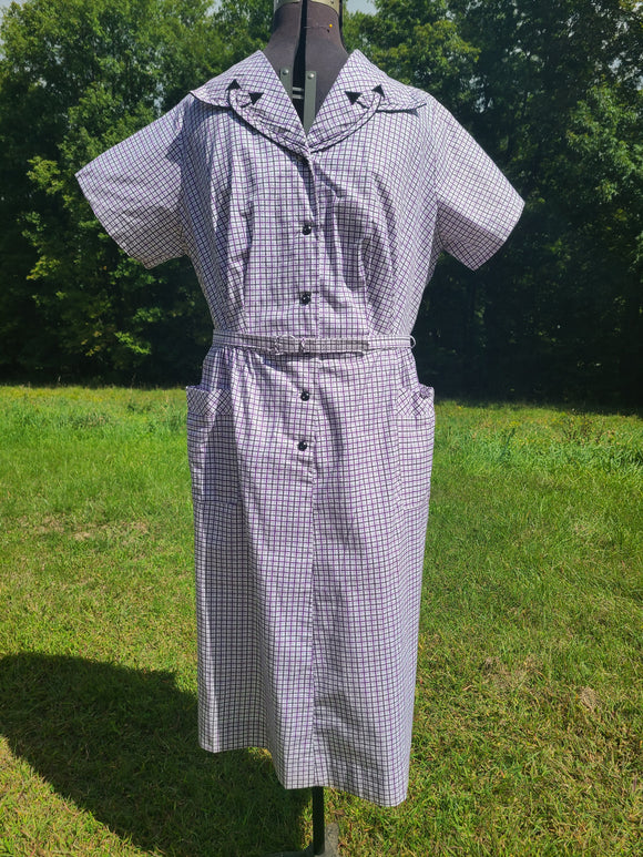 1940s Purple Plaid Shirtwaist Dress - 46 Bust