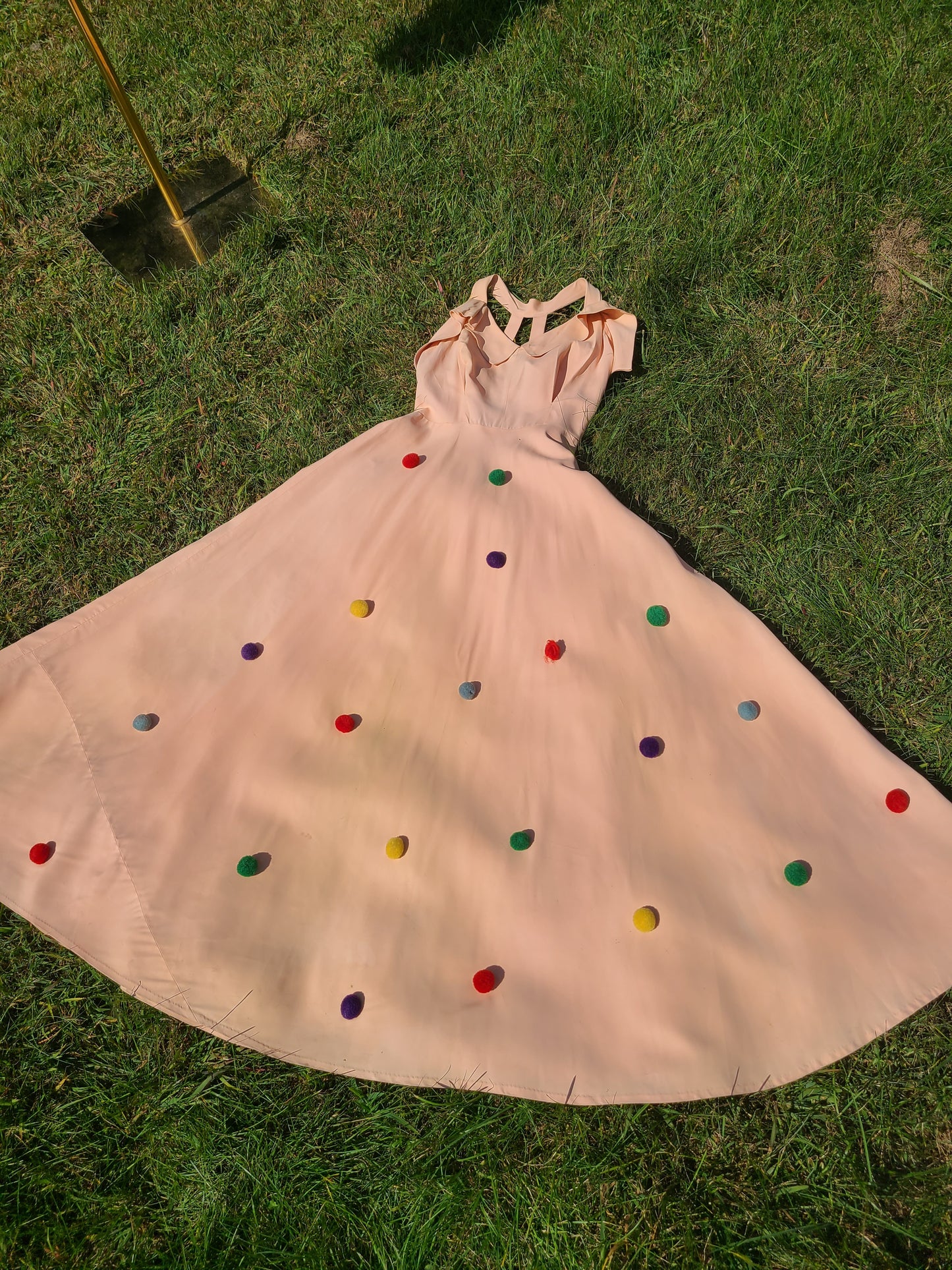 1930s Peach Evening Dress, Pompom Trim