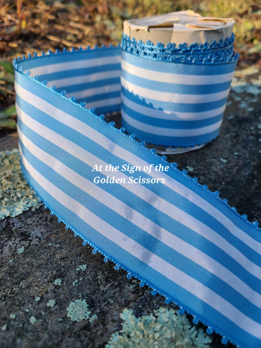 2 1/4" Wide Blue/White Candy Striped Picot Ribbon - 1 yd 33 inches