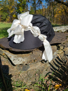 Black Spotted Silk Bonnet, White Lining and Trim - Special Order