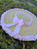 Straw Hat with Pink Ribbon Trim