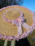 Straw Hat with Pink Ribbon Trim