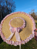 Straw Hat with Pink Ribbon Trim