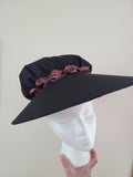 Custom 1750s Bonnet - Black silk with Brown ribbon