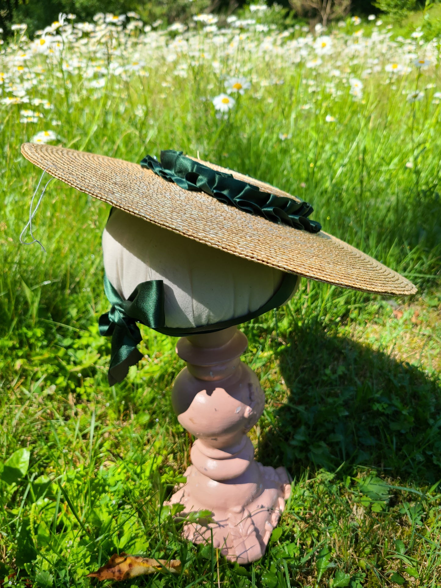 Straw Hat with Pleated Green Ribbon Trim