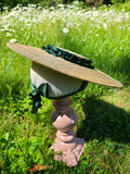 Straw Hat with Pleated Green Ribbon Trim