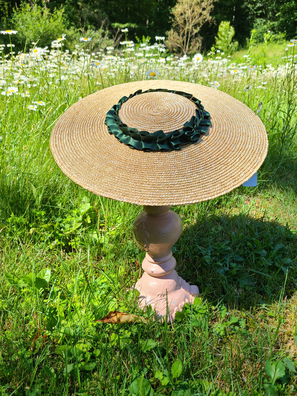 Straw Hat with Pleated Green Ribbon Trim