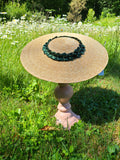 Straw Hat with Pleated Green Ribbon Trim