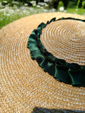 Straw Hat with Pleated Green Ribbon Trim