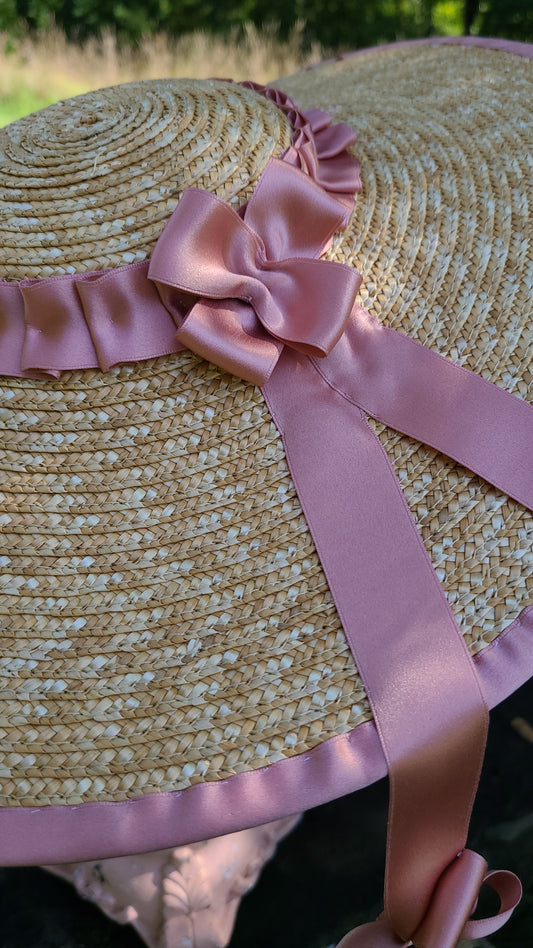 Straw Hat with Rose Gold Trim, Hanging Bowd