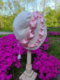 "Phyllis Wheatley" Cap in Linen, Pink Ribbon and Lace Trim