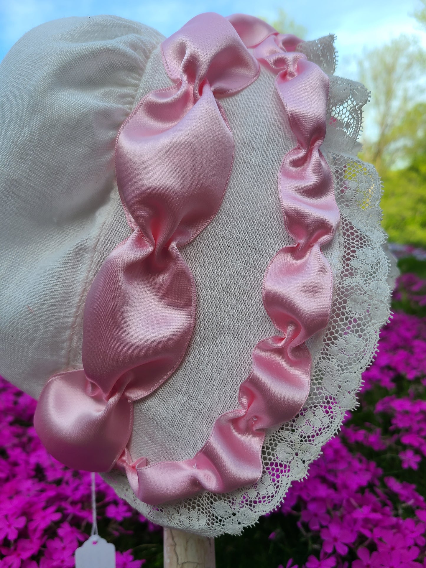 "Phyllis Wheatley" Cap in Linen, Pink Ribbon and Lace Trim