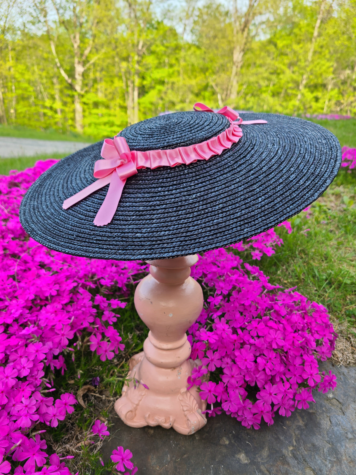 Black Straw Hat with Pink Trim