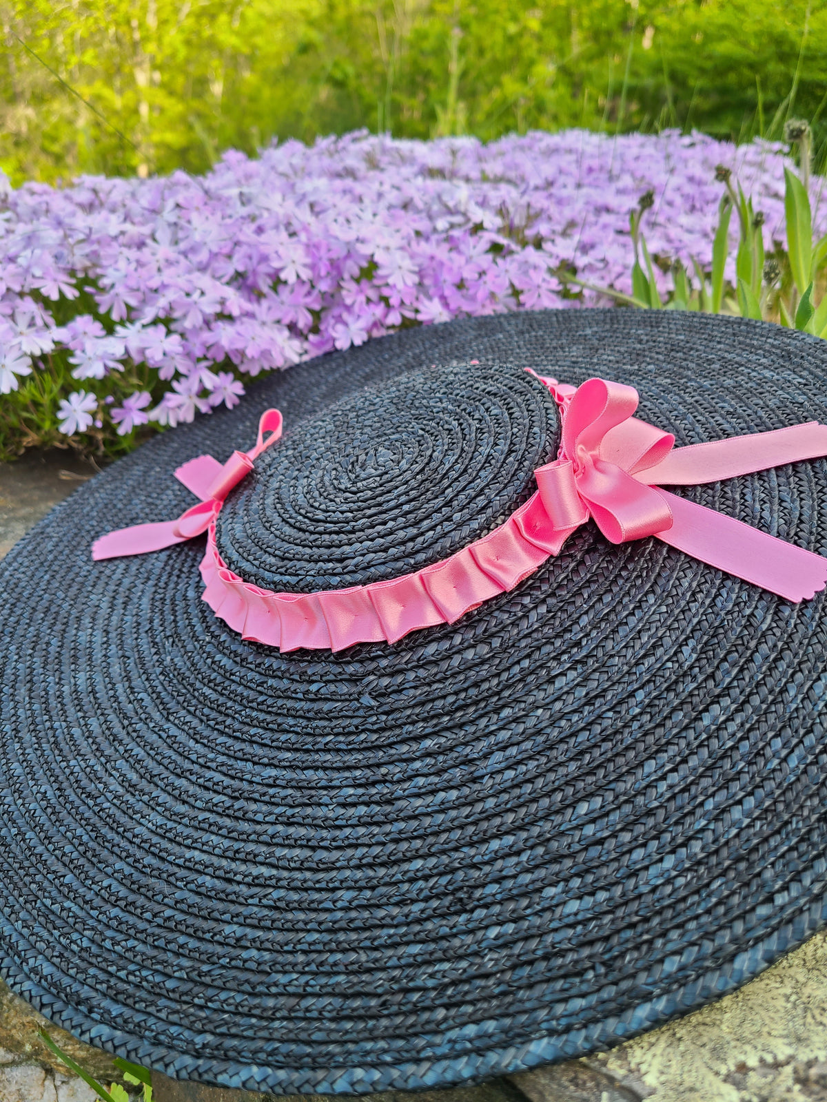 Black Straw Hat with Pink Trim