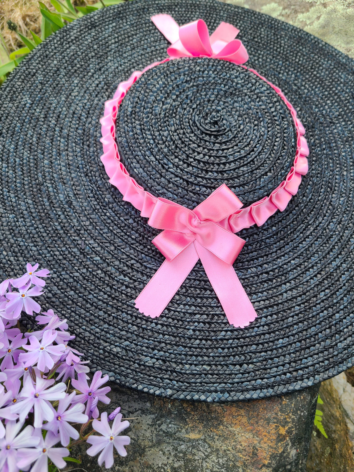 Black Straw Hat with Pink Trim