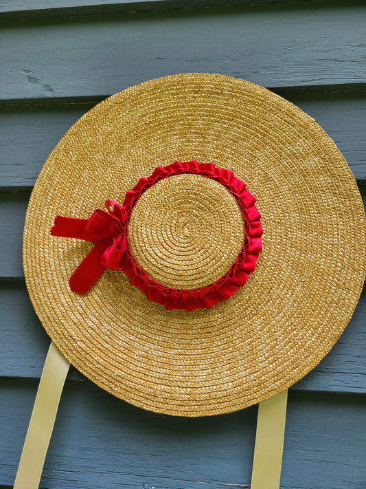 Straw Hat with Red Silk Trim