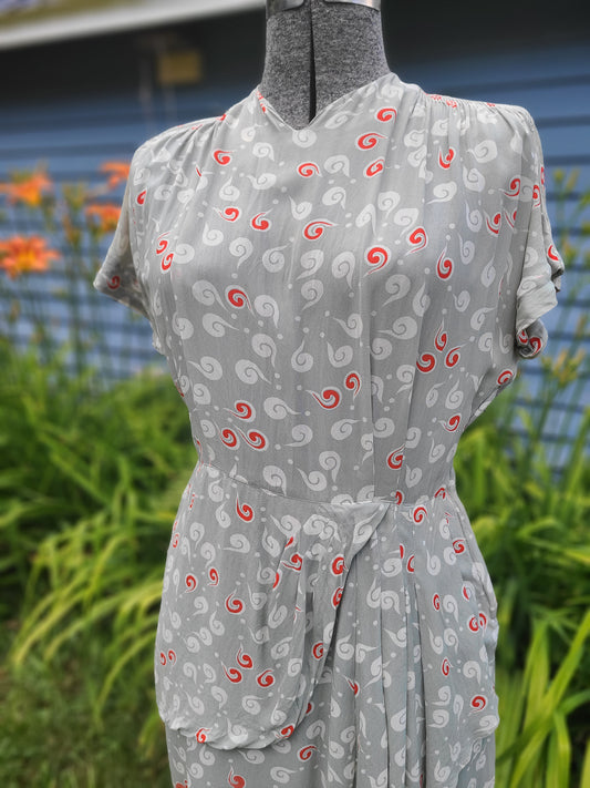 Vintage 1940s Dress - Red/Gray Novelty Print