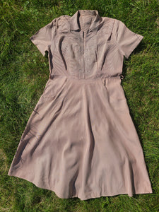 Vintage 1940s Dress - Brown/White Cotton Stipe 35" Waist