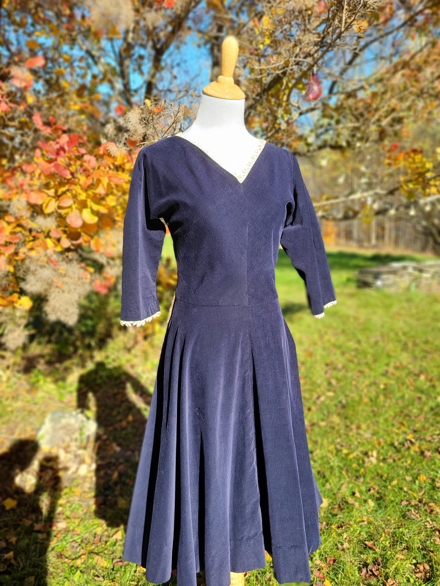 1940s/50s Navy Blue Corduroy Dress At the Sign of the Golden Scissors 1940s/50s Navy Blue Corduroy Dress At the Sign of the Golden Scissors